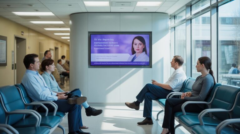 Patients in a hospital waiting room watching digital signage displaying health information, showcasing the benefits of digital signage in healthcare.