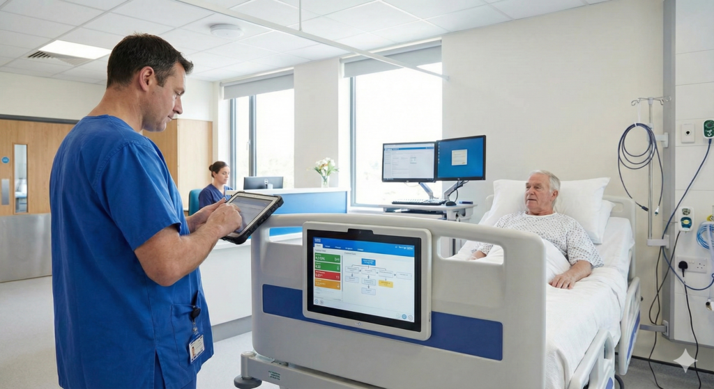 Male NHS nurse using a digital tablet for real-time patient data at the bedside, standing next to a patient resting in a smart bed equipped with a clinical workflow screen, while a colleague works at a station in the background.