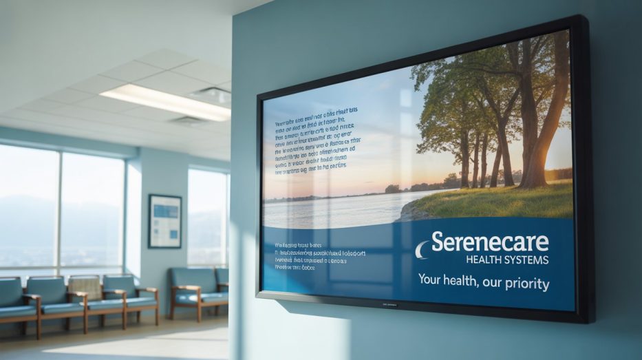 Wall-mounted hospital screen showing health messaging, illustrating the benefits of digital signage in healthcare for patient communication.